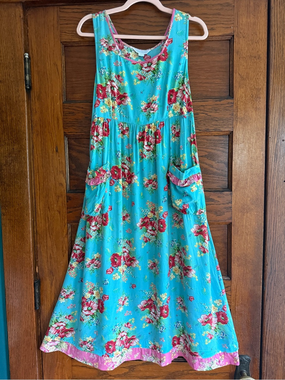 APRIL CORNELL Flowy Rayon Floral Midi Porch Dress Waist Tie Pockets Statement M